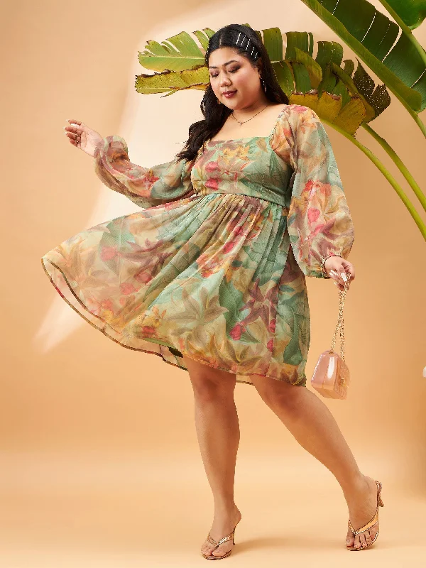 Elegant Comfort Women Green Chiffon Jungle Print Back Smocking Skater Dress