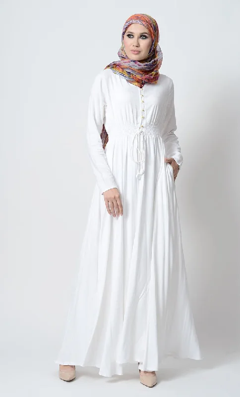 Fashion Touch Smocking waistline and loop buttons detail casual abaya dress