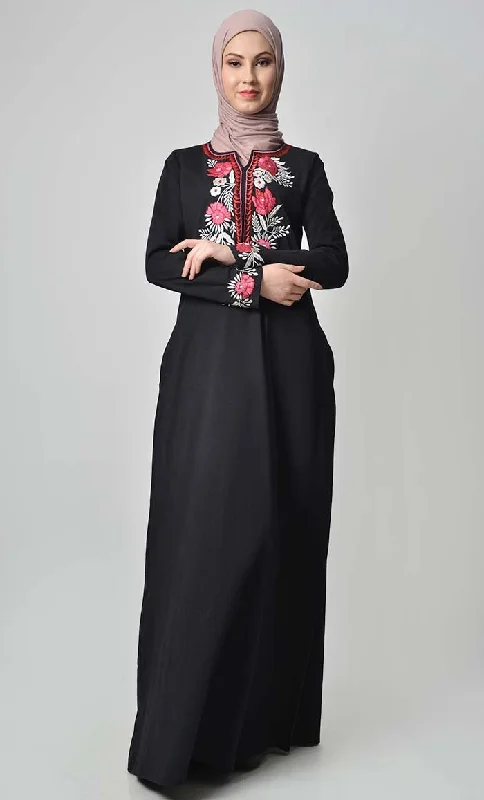 British casual Knitted Jersey Embroidered Abaya - Black