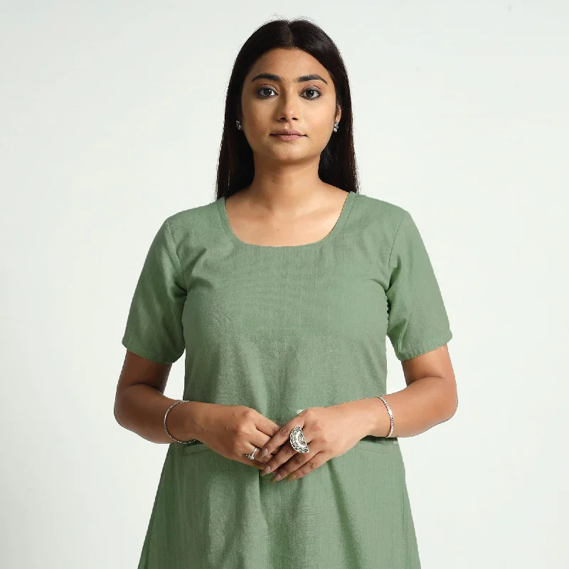 Effortless Style Sage Green Plain Handloom Cotton Dress