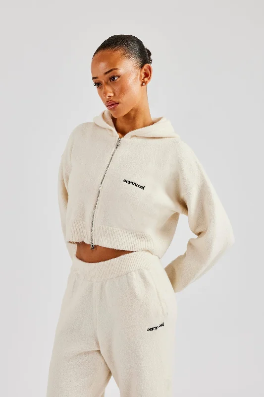 Printed pattern Cropped Knitted Zip Through Hoodie - Ecru