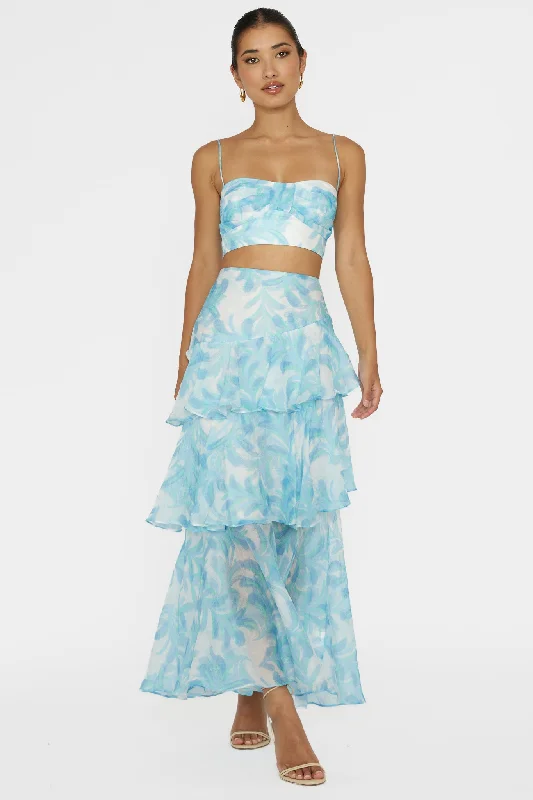 Exquisite Embroidery Veda Tiered Ruffle Maxi Skirt Floral Blue