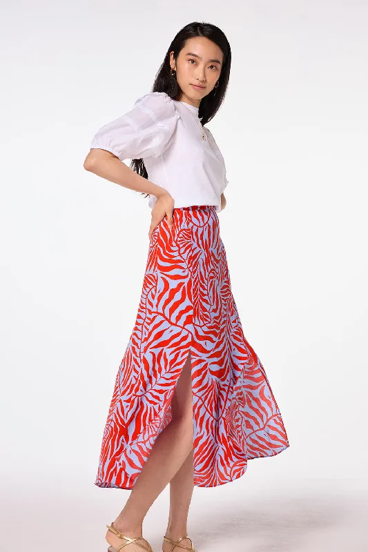 Sporty Elegance Blue with Red Palm Split Front Skirt