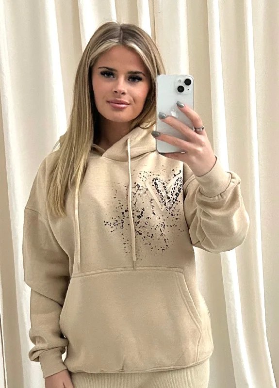 High Street Design Brown Leopard Heart Graffiti Hoodie Beige