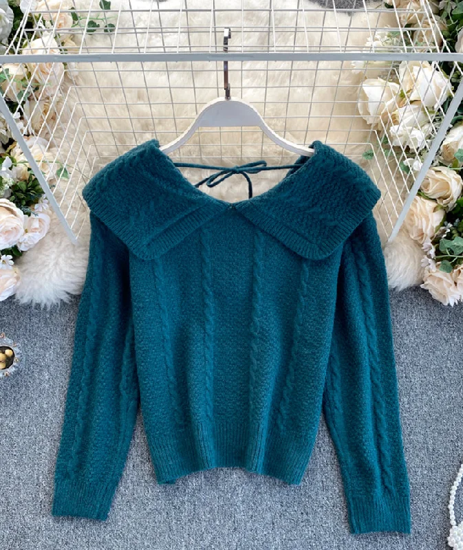 Elegant Temperament Cute lapel sweater long sleeve sweater  075