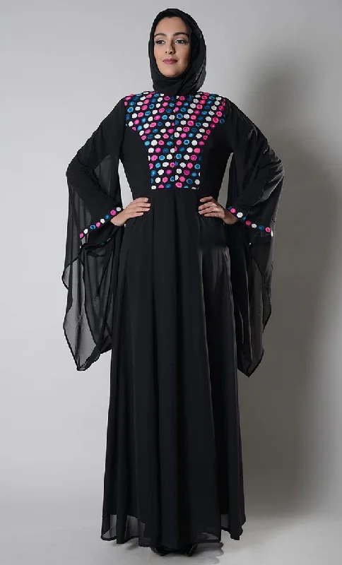 Fashion Must-have Dotted embroidered trumpet sleeves abaya dress