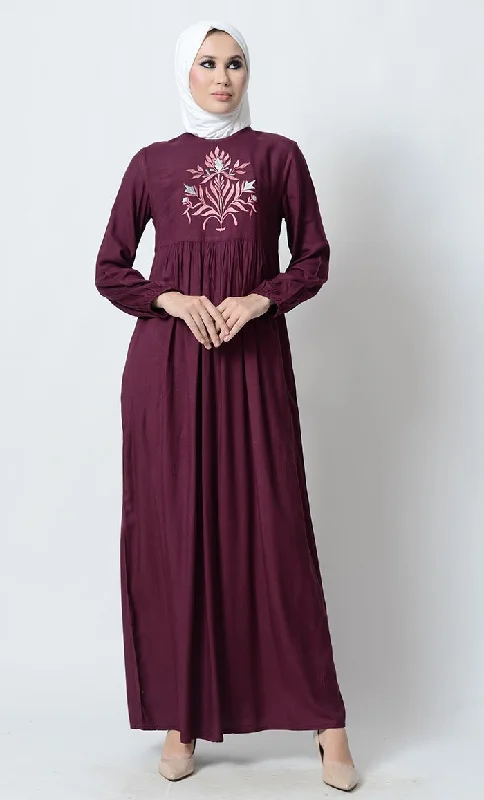 Luxury Classic Big Floral Motif Embroidered Rayon Abaya Dress