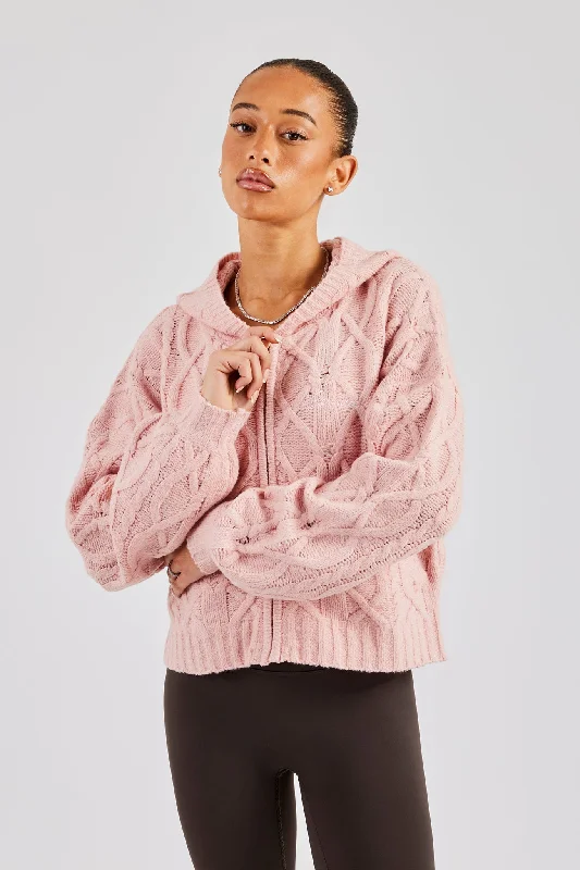 Printed Patterns Cable Knit Zip Through Knit Hoodie - Baby Pink