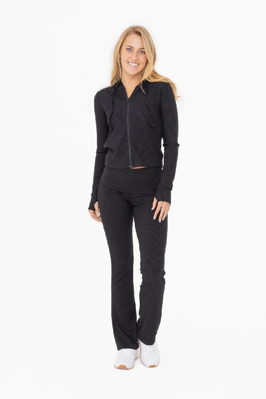 Luxury Style Black Ribbed Foldover Flared Pants