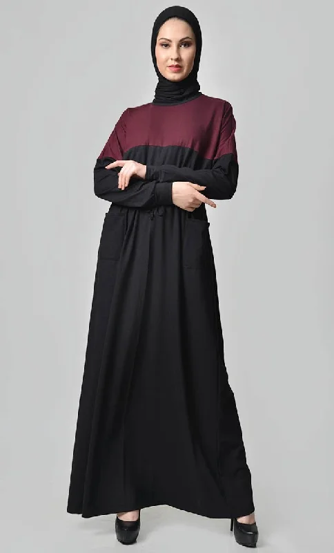 Fashionable and versatile Yoke Colorblocked Jersey Abaya-Maroon