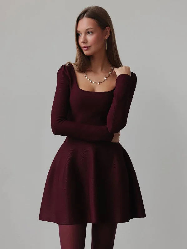 Fashionable Inner Wear Elegant Burgundy Flared Knit Dress