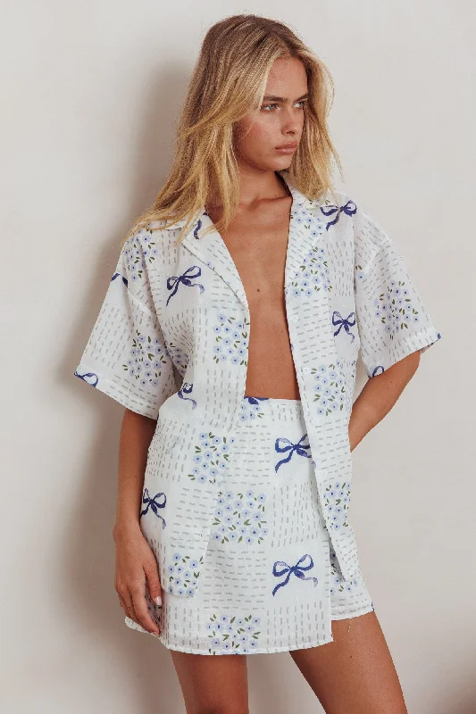 Boutique Recommendation Ithaca Wrap Mini Skirt Bow Print Blue