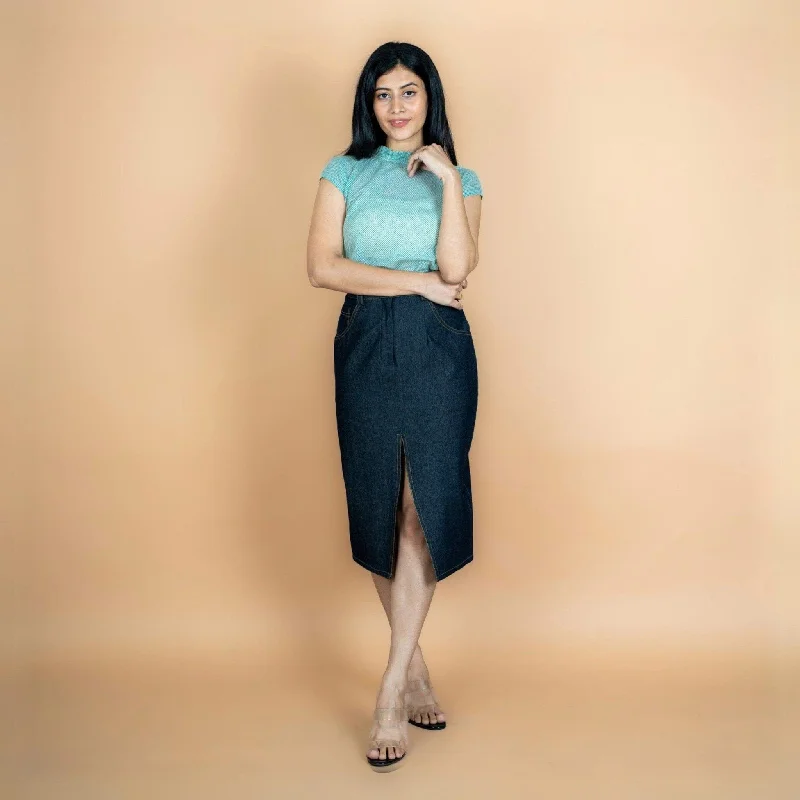 Trendy Casuals Indigo Cotton Denim High-Rise Midi Pencil Skirt