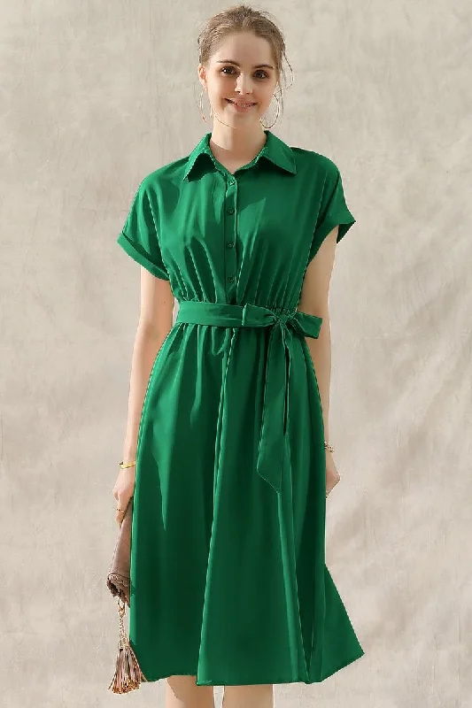Soft Style ROLL UP SLEEVE TIED WAIST FLARE SHIRTS DRESS