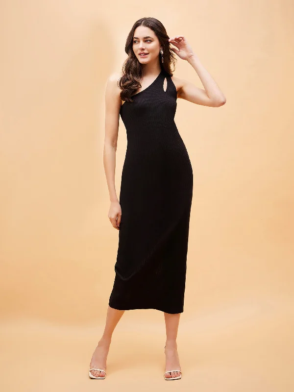 Unique Design Women Black Rib One Shoulder Midi Dress