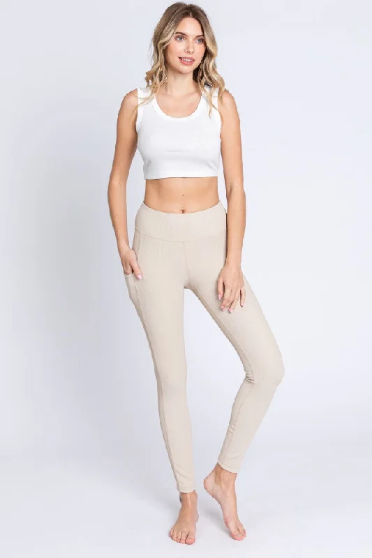 Advanced Customization Beige Ribbed Active Leggings