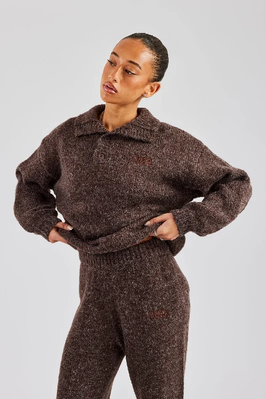 Breathable Design Knit Funnel Neck Sweater - Chocolate