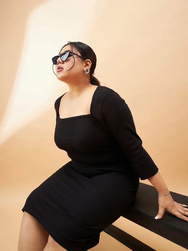 Sports And Leisure Women Black Rib Square Neck Dress
