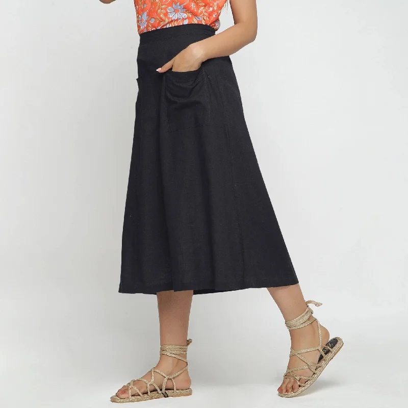 Summer Selection Black Cotton Flax Paneled Elasticated Midi Skirt