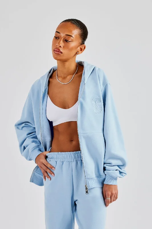 Comfortable down Embroidered C Zip Through Hoodie - Baby Blue
