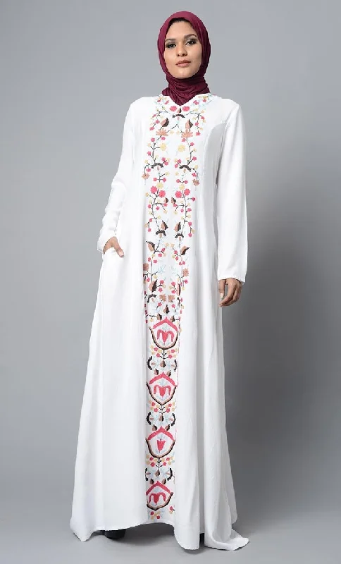 Fashion Must-have White Front embroideried Abaya Dress
