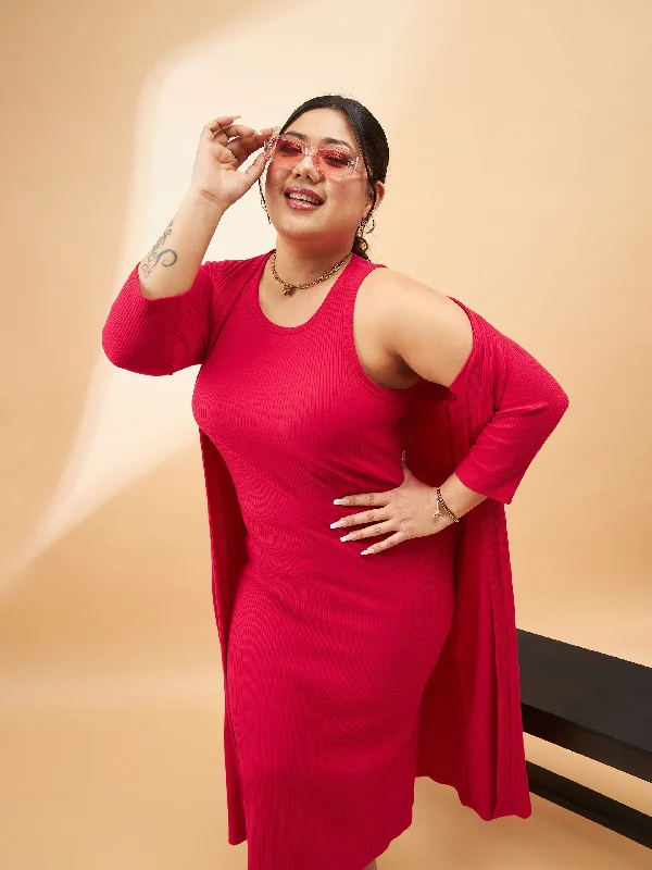 Fashionable And Fashionable Women Red Rib Sleeveless Bodycon Dress With Shrug