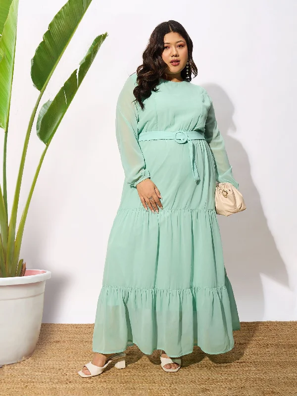Retro Stripes Women Sea Green Tiered Maxi Dress