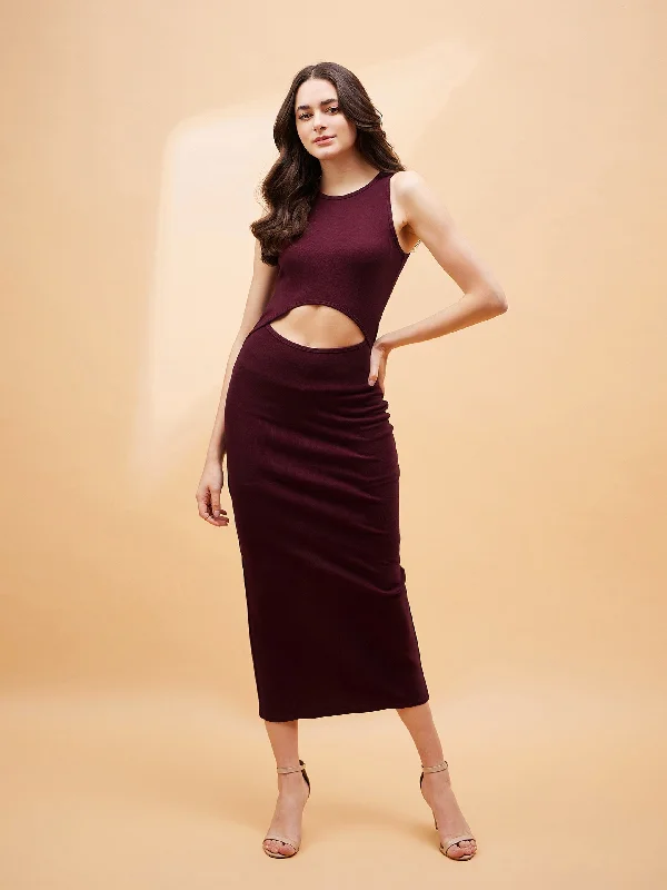 Ethnic Style Women Burgundy Front Cut Out Rib Midi Dress