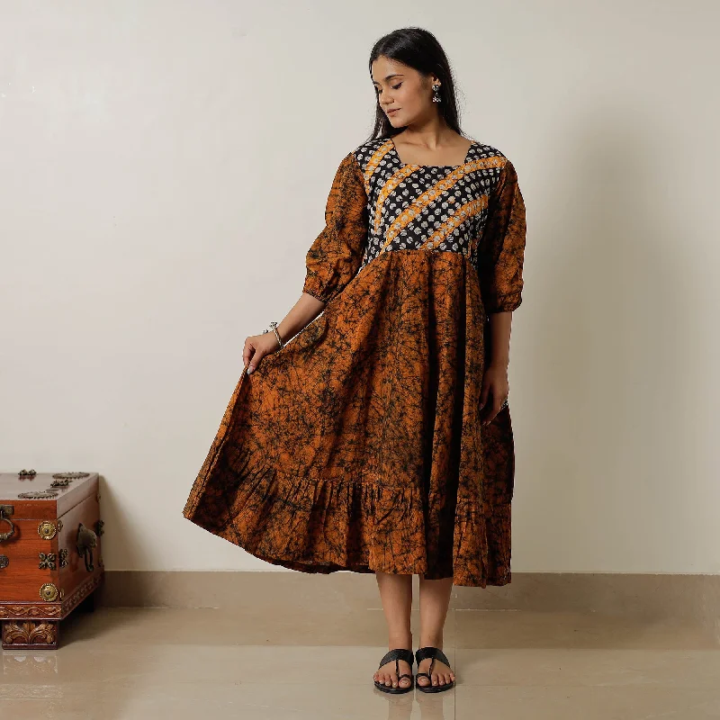 Classic style Orange - Hand Batik Printed Cotton Flared Dress 04