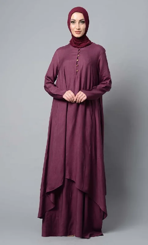 Elegant Series Wine Asymmetrical double layered modest wear muslimah abaya dress