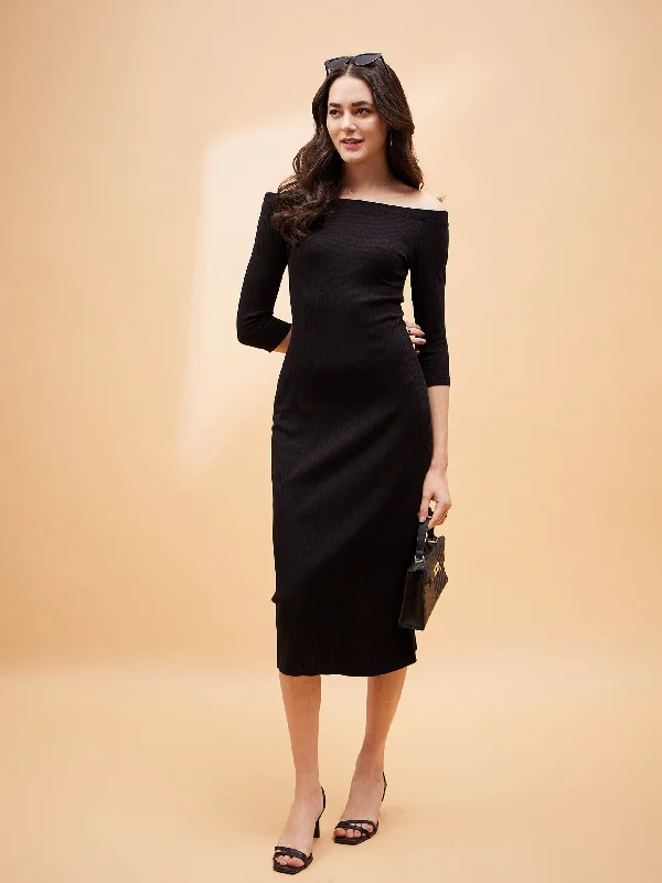 Outdoor Trend Women Black Rib Off Shoulder Midi Dress