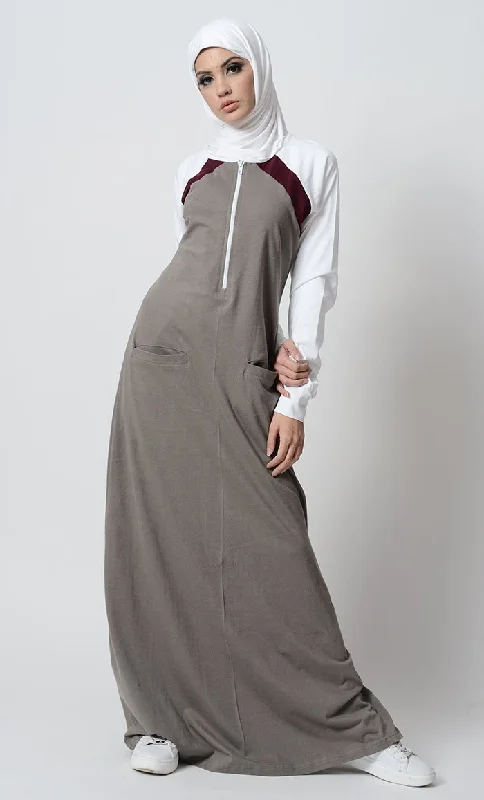 Leisure Sports Three tone and zipper detail sportswear abaya dress