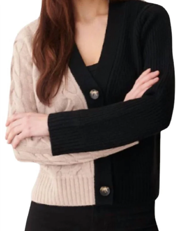 Personalized Clothing Ivy Patchwork Cable V Cardigan In Black Light Fawn