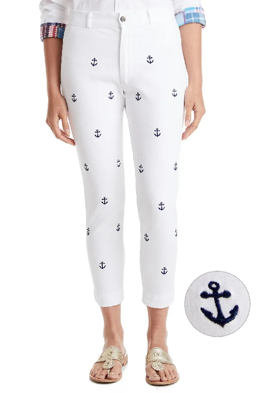 Wearable At Home Or Out Ankle Capri Stretch Twill White with Anchor