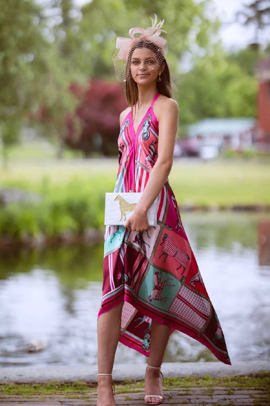High waist design Equestrian Satin Halter Dress Pink