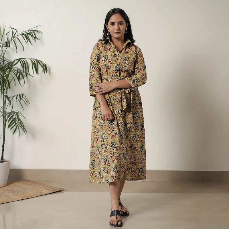 French Retro Yellow - Pedana Kalamkari Block Printed Cotton Dress 12