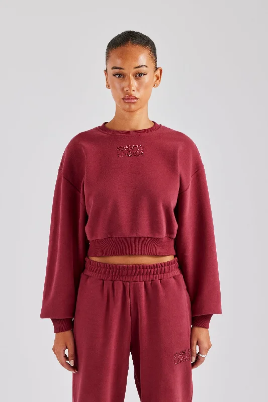 Breezy Style Glitter Applique Cropped Sweatshirt - Cherry Red