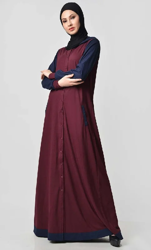 Short skirt design Comfy Hooded Front Open Jersey Abaya - Maroon