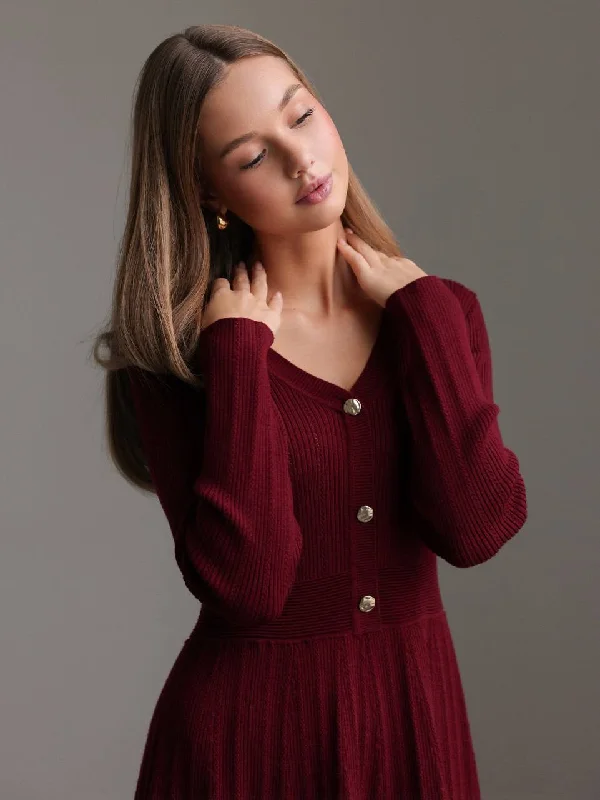 Casual Wear Elegant Burgundy Knit Flare Dress