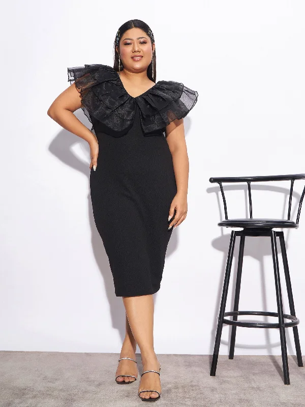 Exquisite Craftsmanship Women Black Organza Frill Detail Bodycon Dress