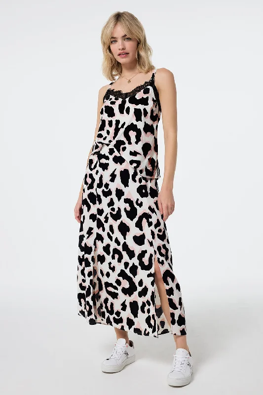 Versatile Wear Ivory with Neutral and Black Mega Shadow Leopard Split Front Skirt