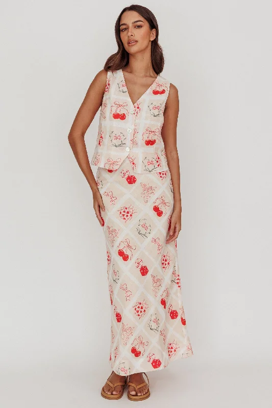 Fashion Touch Flowering Romantic Print A-Line Maxi Skirt Beige