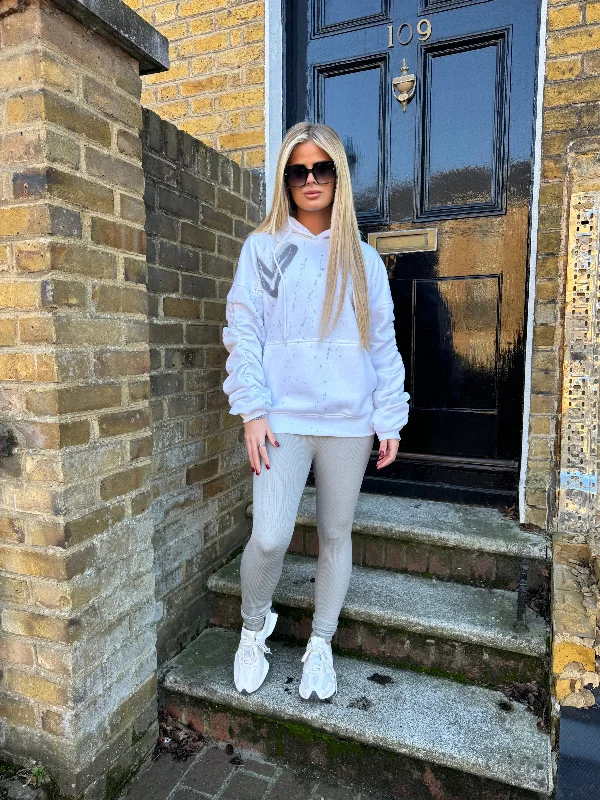 Classic Style Grey Heart Sprayed White Ruched Hoodie
