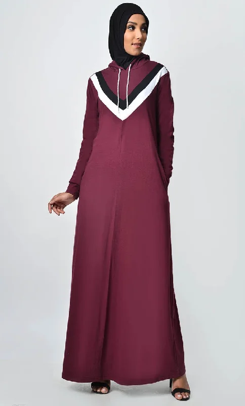 Leisure Travel Inverted Color Contast Jersey Abaya-Wine