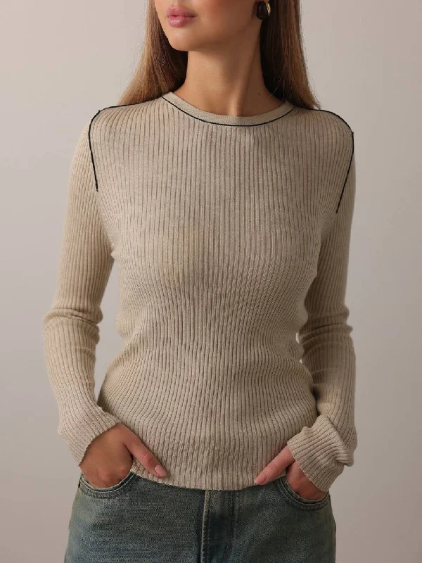 Elegant and noble Ribbed Knit Beige Sweater