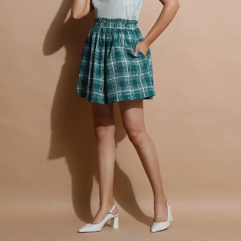 Celebrity Must-have Green Check Handspun Cotton Elasticated Paperbag Short Skirt