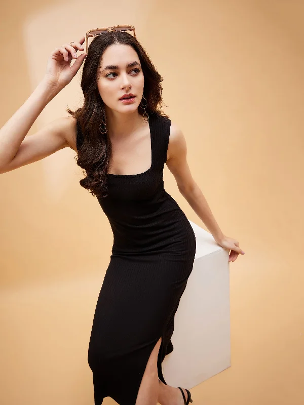 Affordable selection Women Black Rib Square Neck Midi Slit Dress
