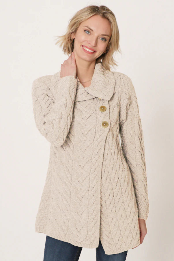 Simple research Aran - Buttoned Longline Cardigan - Parsnip