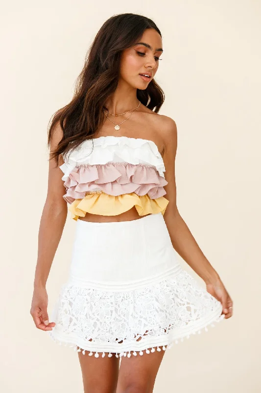 Elegant Design Adrielle Lace Detail Fluted Hem Mini Skirt White