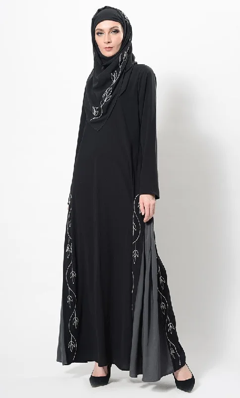 Fashion Comfort Floral Embroidered Two Tone Abaya Dress And Hijab Set